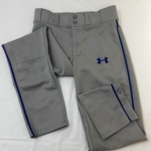 Under Armour Youth Medium Grey Baseball Pants Blue Piping HeatGear Loose Fit